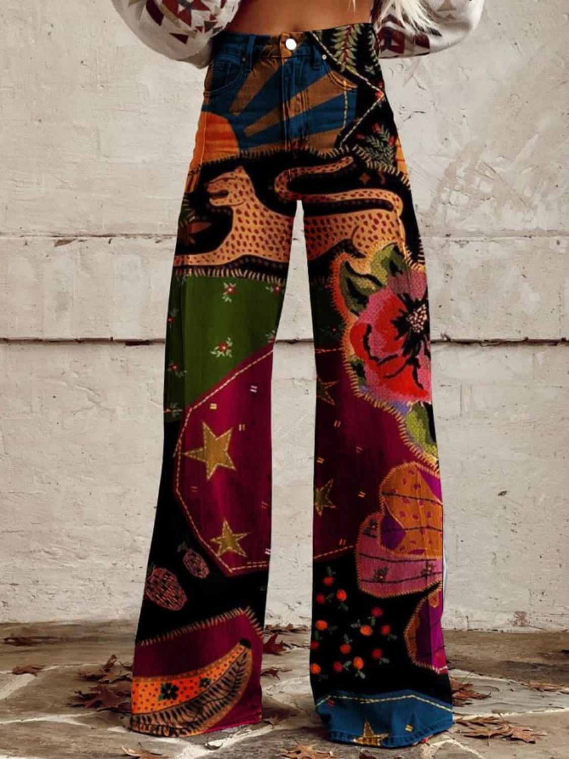 Women's Boho Wide Leg Pants With Celestial Print