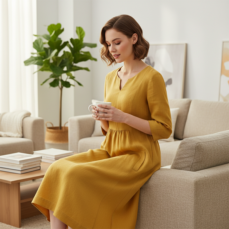 Women's V-Neck 3/4 Sleeve Midi Dress | Casual Comfortable Pocket Dress