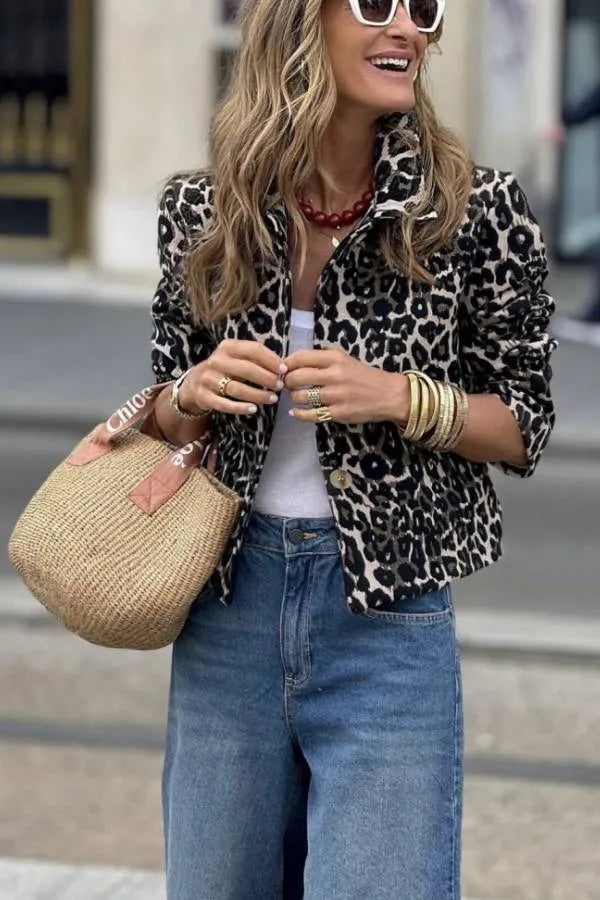 Women's Cropped Leopard Print Collared Button Front Jacket