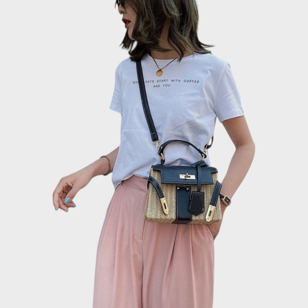 Women's Woven Canvas and Leather Top Handle Bag with Strap