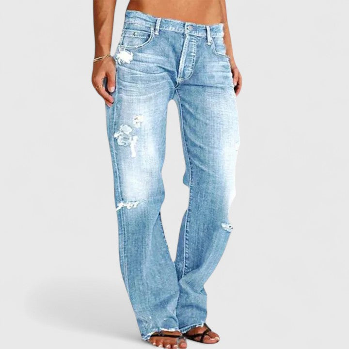 Women's Distressed Straight Leg Jeans With Frayed Hem