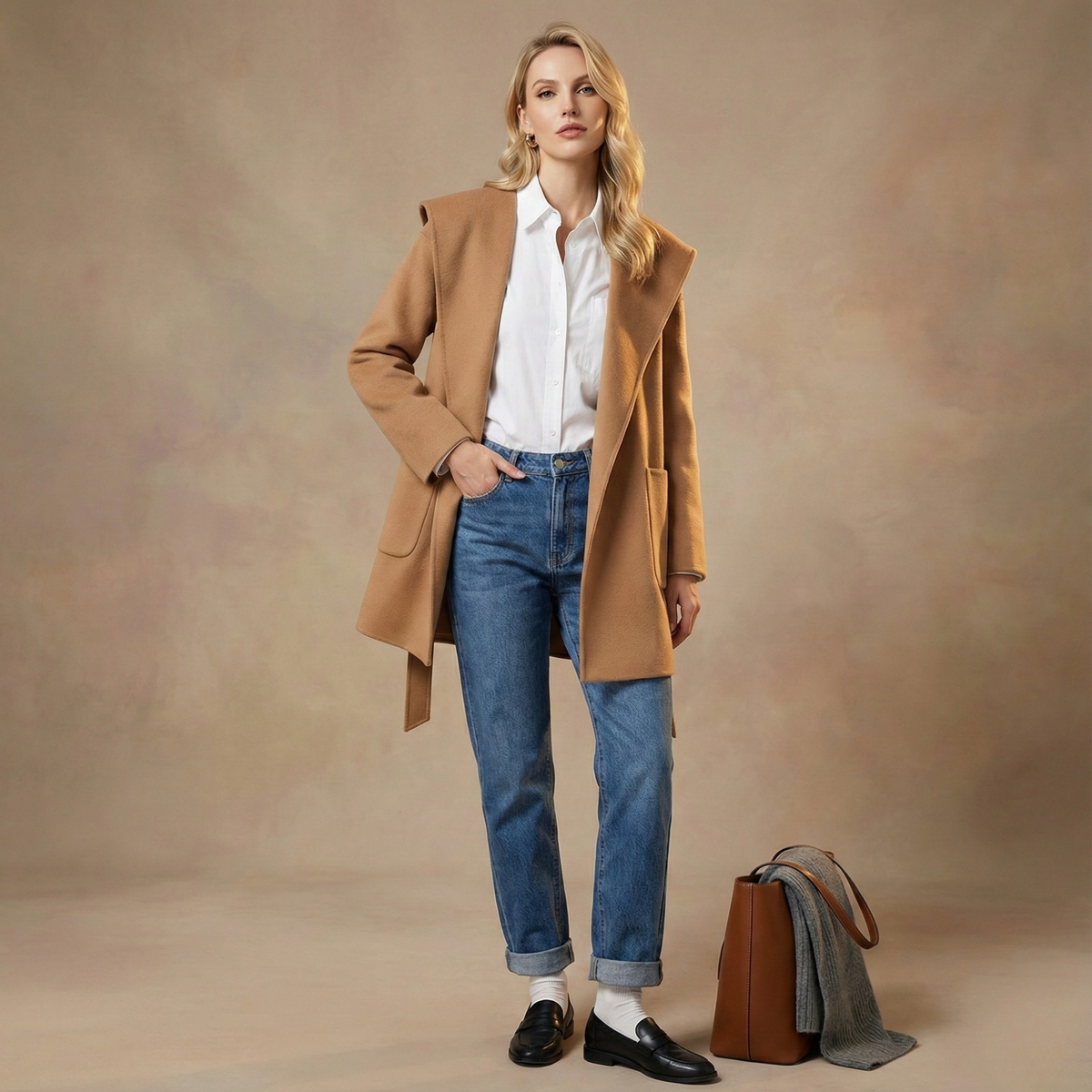 Women's Belted Hooded Wool Blend Coat with Patch Pockets