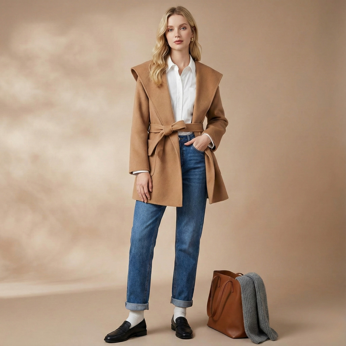 Women's Belted Hooded Wool Blend Coat with Patch Pockets