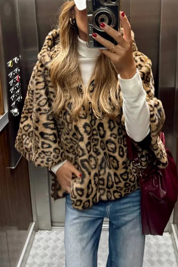 Women's Leopard Print Hooded Fleece Coat