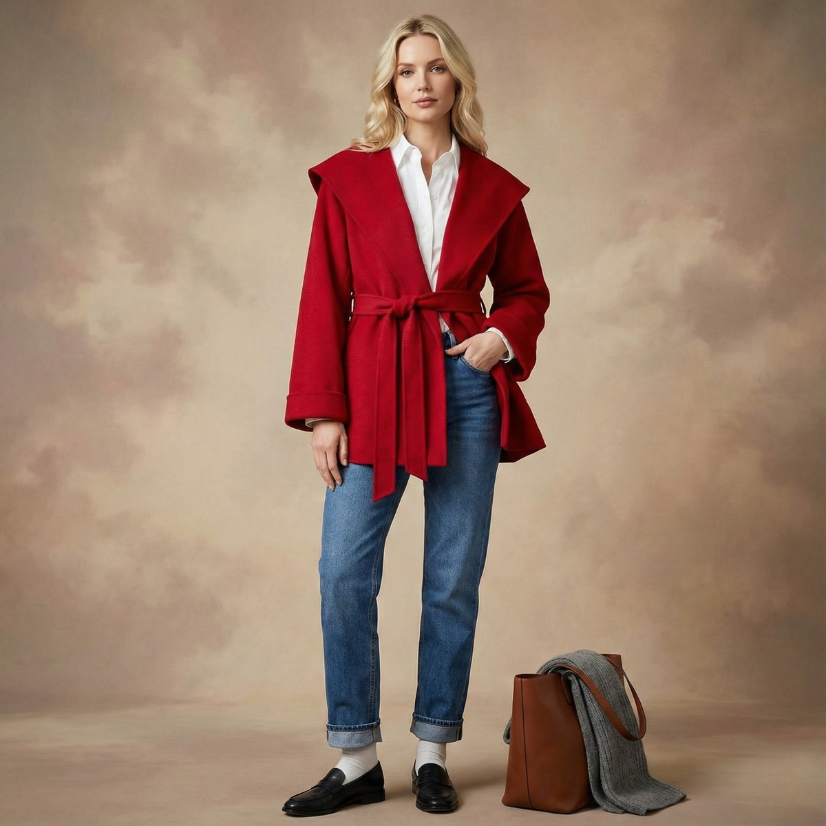 Women's Belted Hooded Wool Blend Coat with Patch Pockets