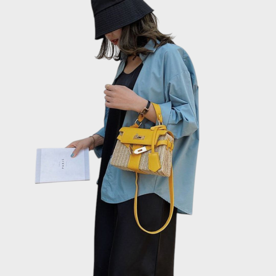 Women's Woven Canvas and Leather Top Handle Bag with Strap