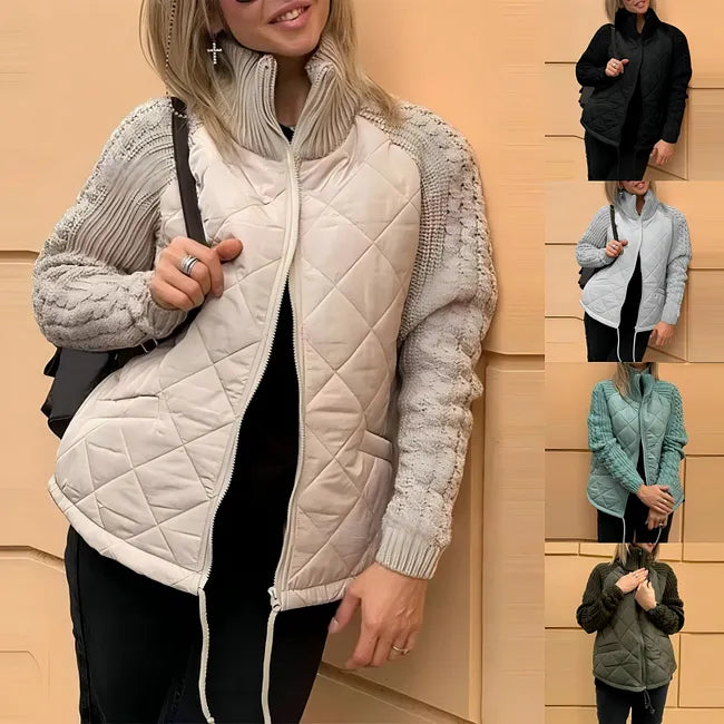 Women's Quilted Jacket With Chunky Knit Sleeves And Stand Collar