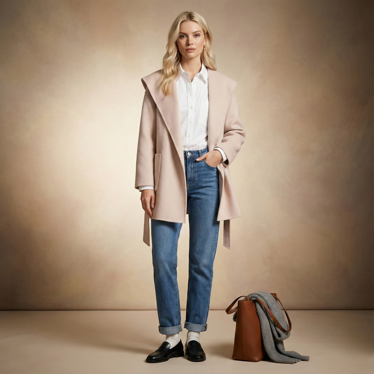 Women's Belted Hooded Wool Blend Coat with Patch Pockets