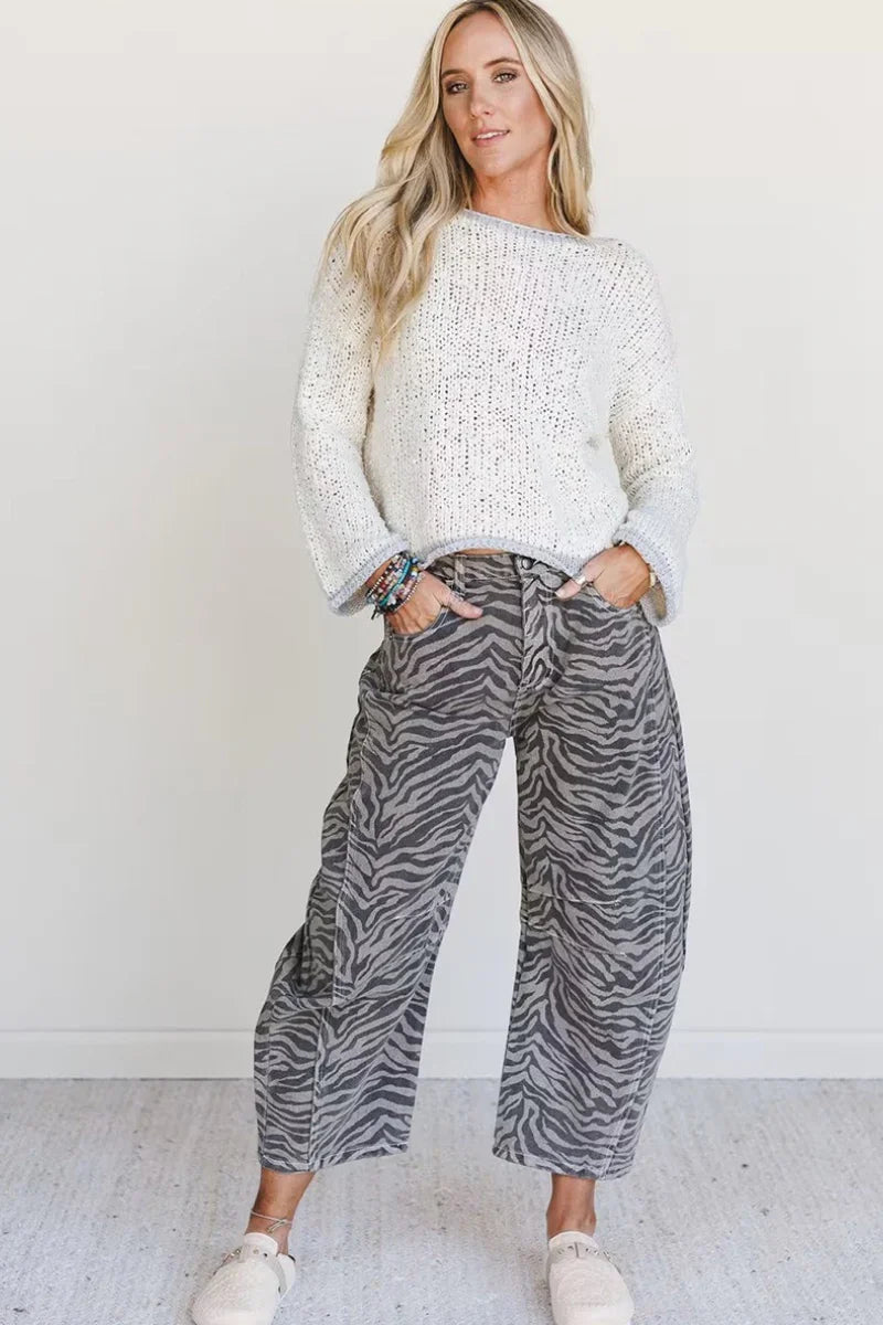 Women's Zebra Print High Waist Cropped Jeans with Wide Leg
