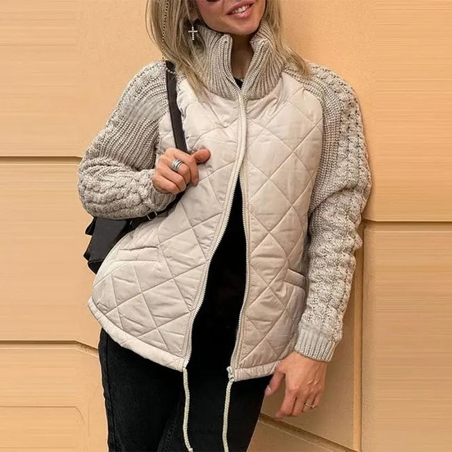 Women's Quilted Jacket With Chunky Knit Sleeves And Stand Collar