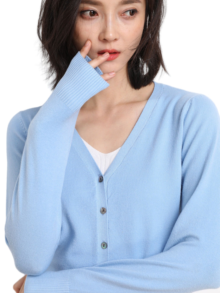 Women's V Neck Knit Cardigan with Button Front and Long Sleeves