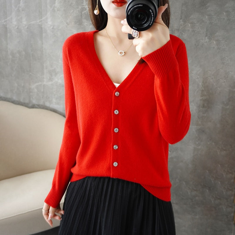 Women's V Neck Knit Cardigan with Button Front and Long Sleeves