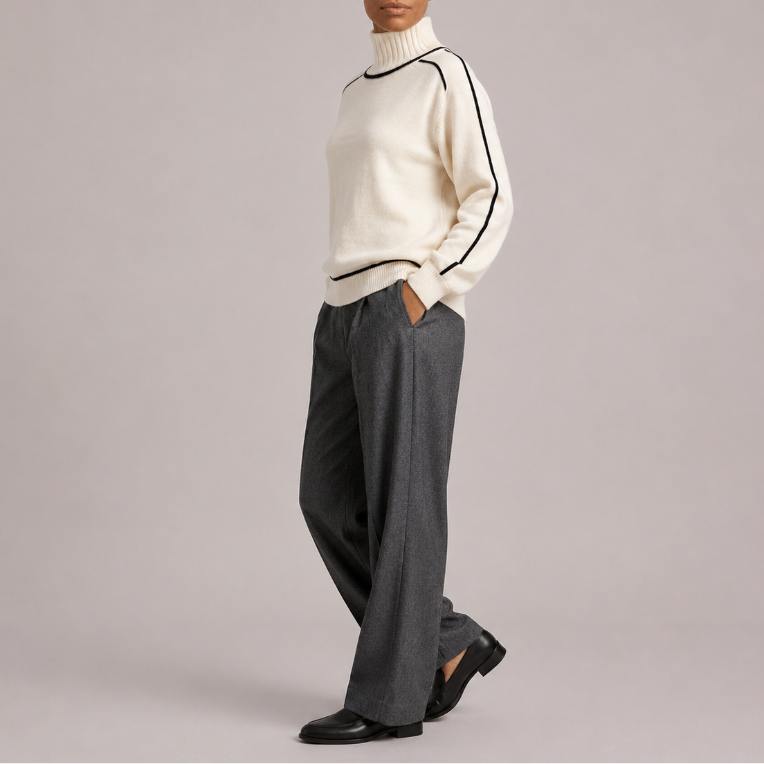 Women's Turtleneck Knit Sweater with Contrast Trim and Ribbed Hem