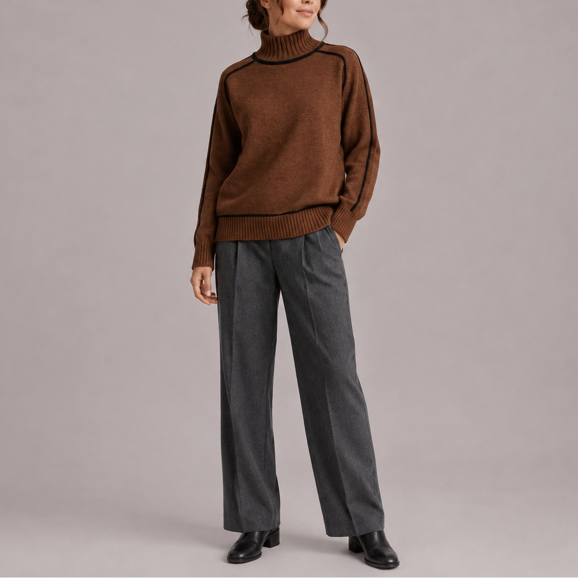 Women's Turtleneck Knit Sweater with Contrast Trim and Ribbed Hem