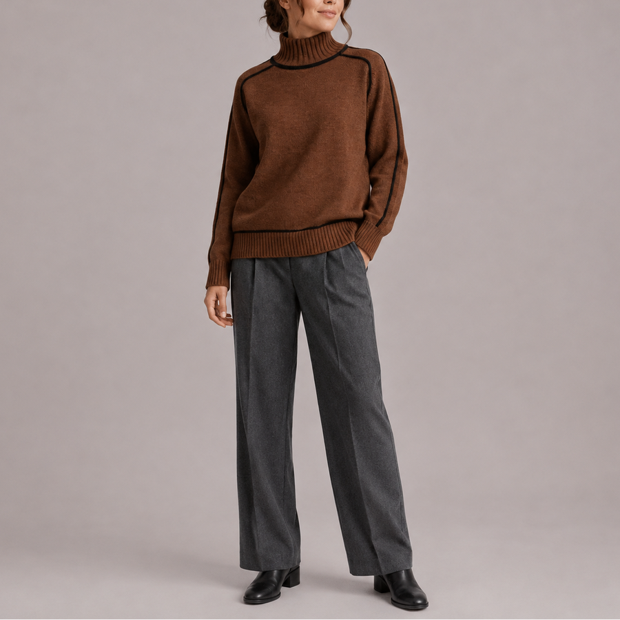 Women's Turtleneck Knit Sweater with Contrast Trim and Ribbed Hem
