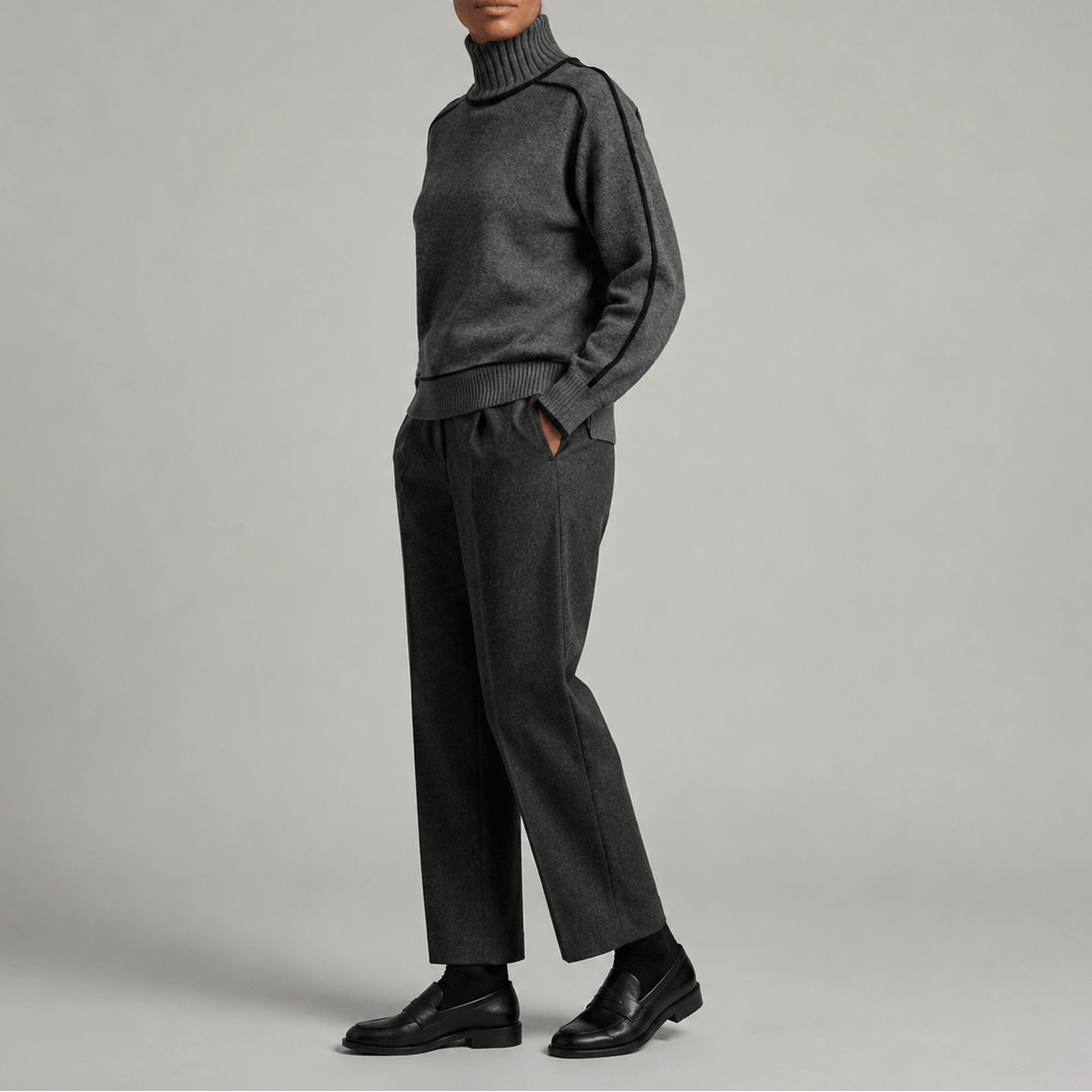 Women's Turtleneck Knit Sweater with Contrast Trim and Ribbed Hem