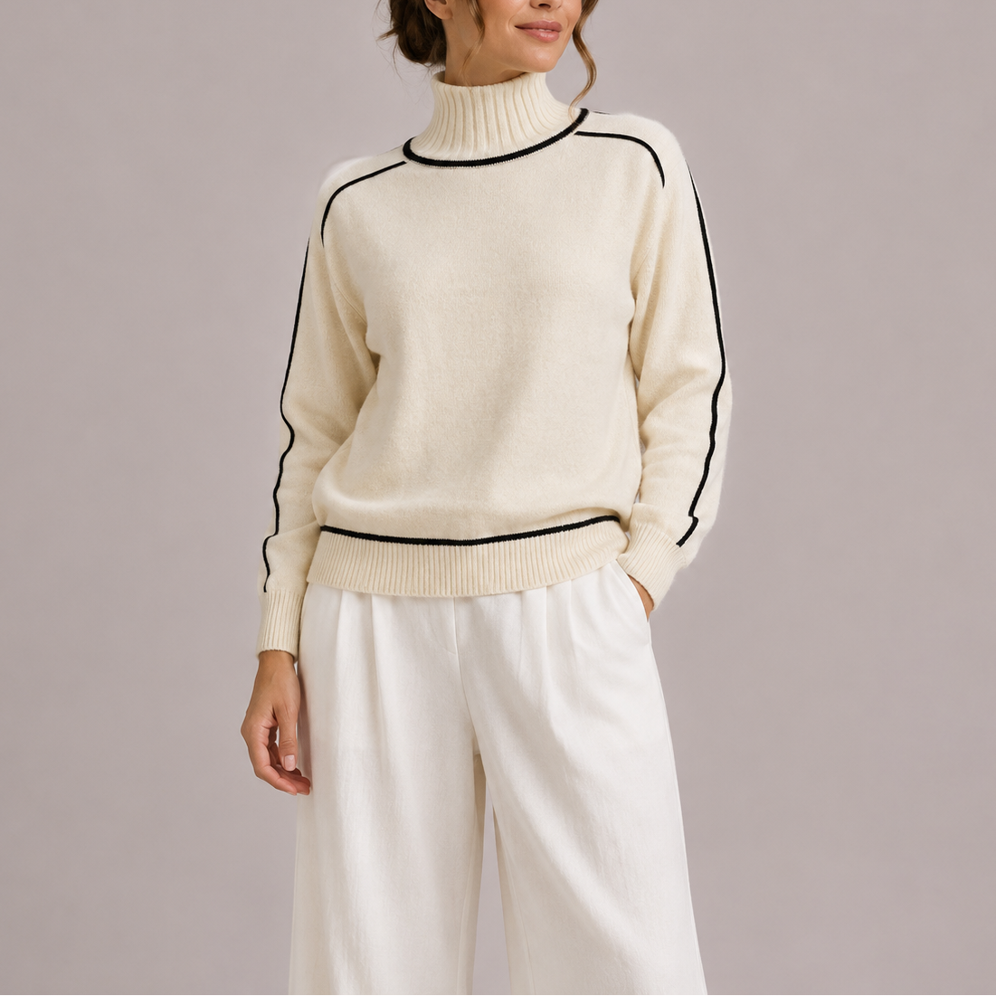 Women's Turtleneck Knit Sweater with Contrast Trim and Ribbed Hem