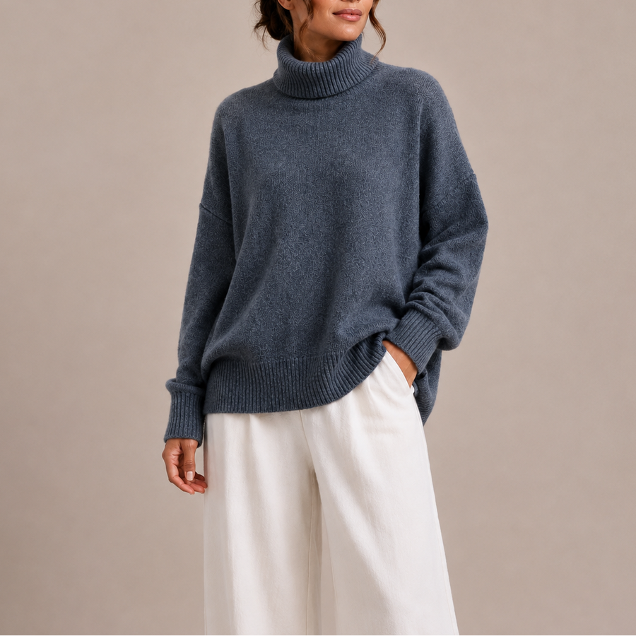 Women's Oversized Turtleneck Sweater with Ribbed Neck Cuffs and Hem
