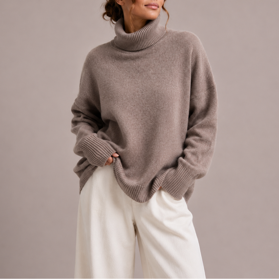Women's Oversized Turtleneck Sweater with Ribbed Neck Cuffs and Hem