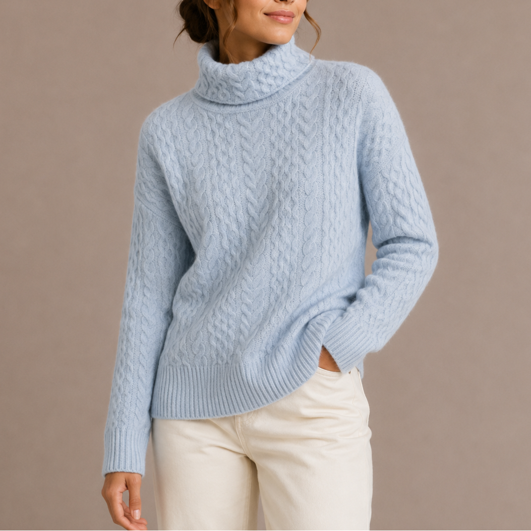 Women's Chunky Cable Knit Turtleneck Sweater with Ribbed Cuffs and Hem