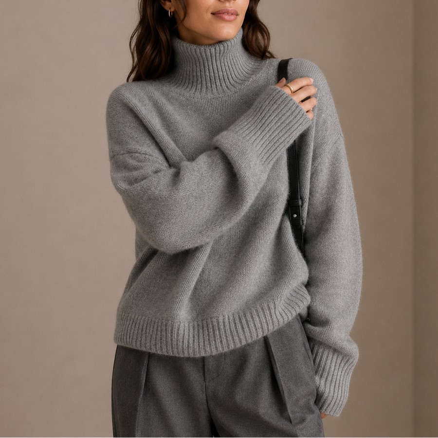 Women's Oversized Turtleneck Sweater with Ribbed Neck Cuffs and Hem