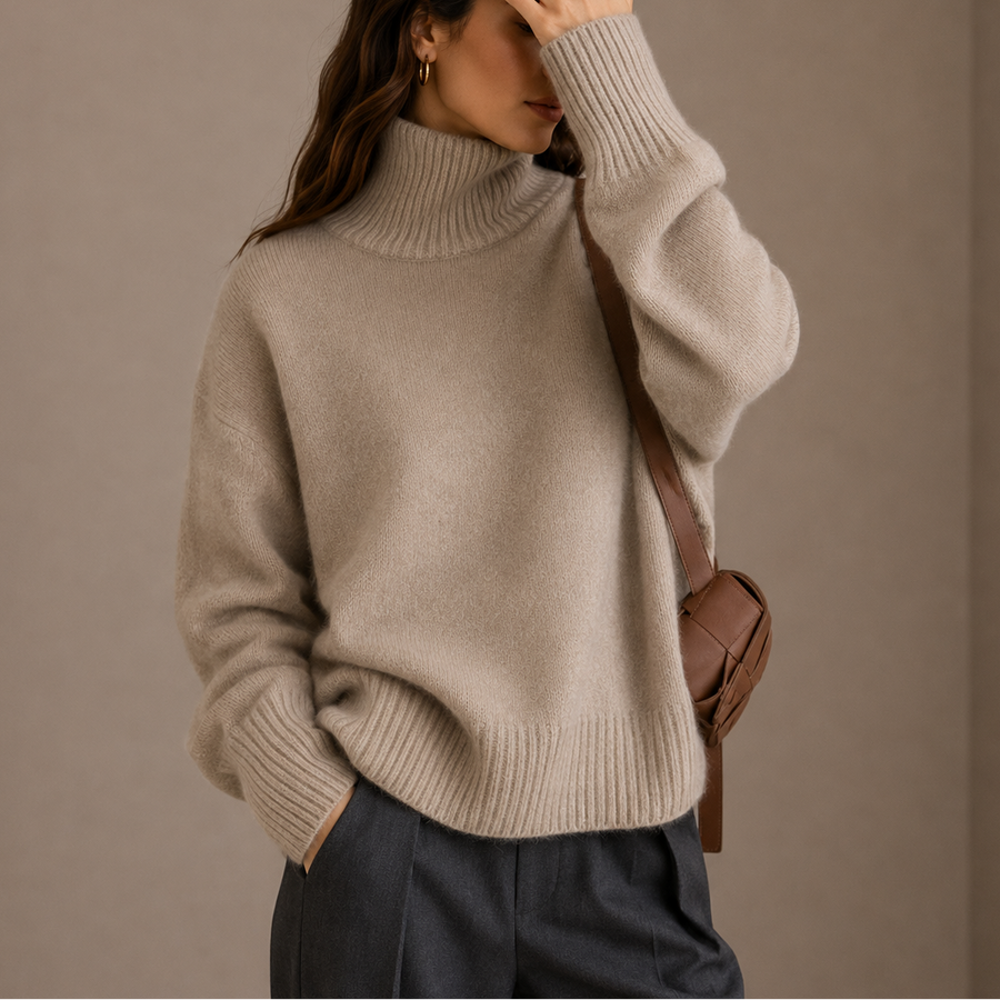 Women's Oversized Turtleneck Sweater with Ribbed Neck Cuffs and Hem