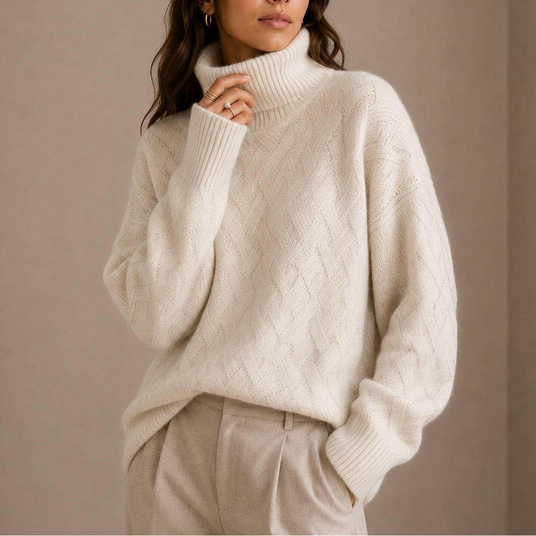 Women's Textured Knit Turtleneck Sweater with Ribbed Neck and Cuffs