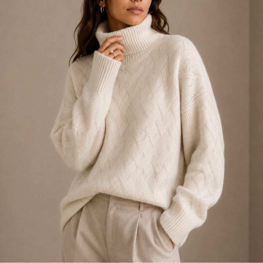 Women's Textured Knit Turtleneck Sweater with Ribbed Neck and Cuffs