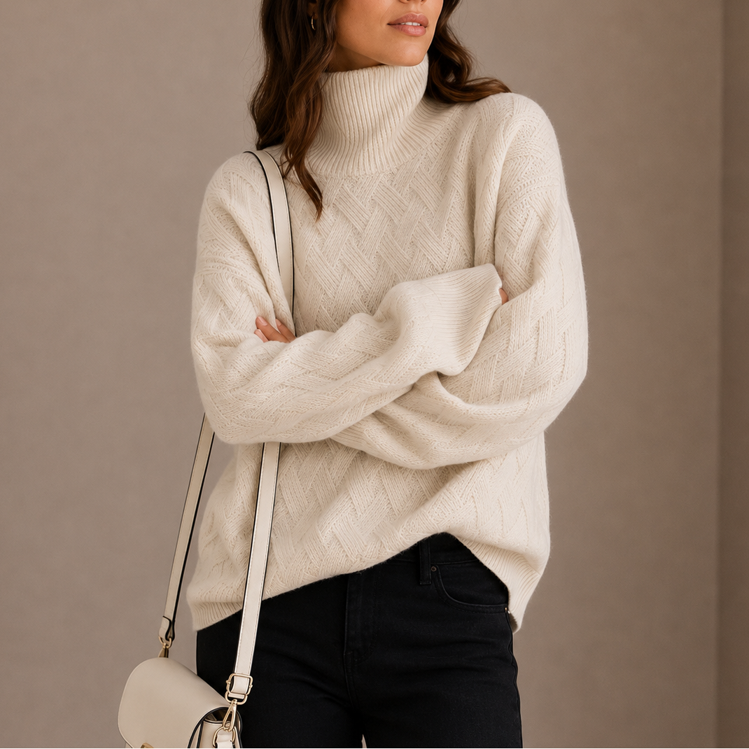 Women's Textured Knit Turtleneck Sweater with Ribbed Neck and Cuffs