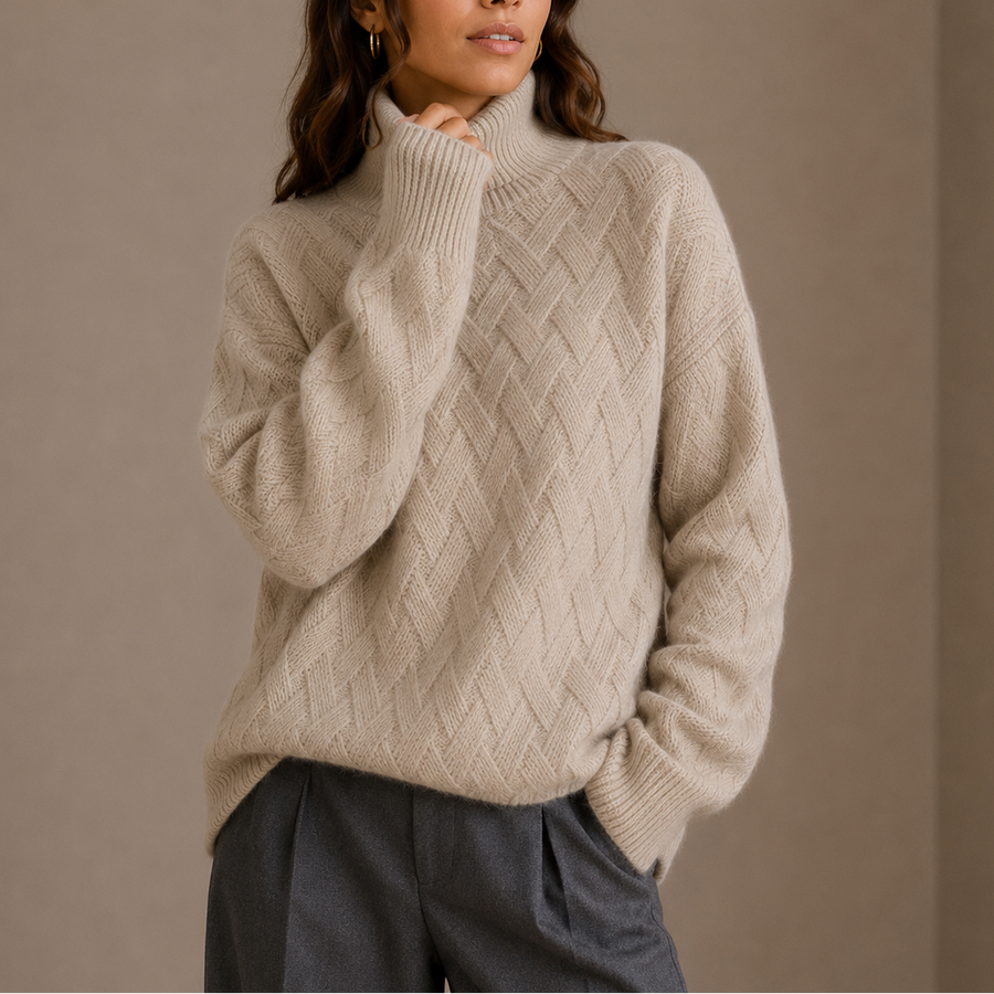 Women's Textured Knit Turtleneck Sweater with Ribbed Neck and Cuffs