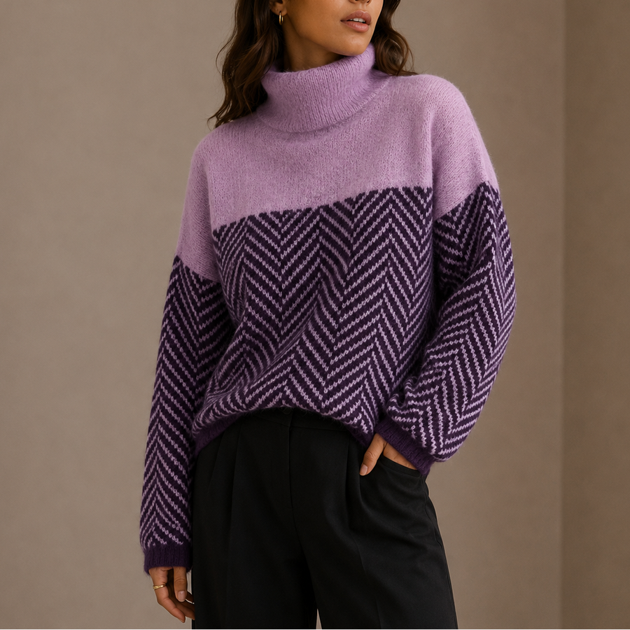 Women's Oversized Herringbone Turtleneck Sweater with Contrast Design