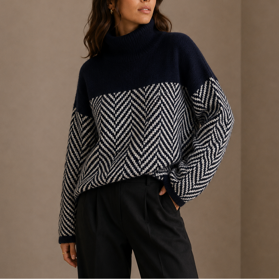 Women's Oversized Herringbone Turtleneck Sweater with Contrast Design