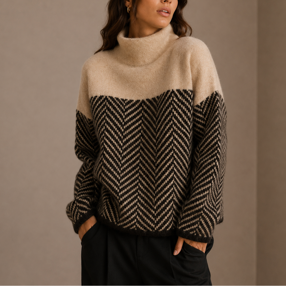 Women's Oversized Herringbone Turtleneck Sweater with Contrast Design