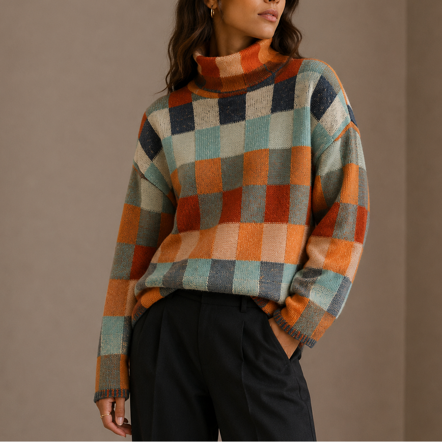 Women's Oversized Checkered Turtleneck Sweater with Long Sleeves