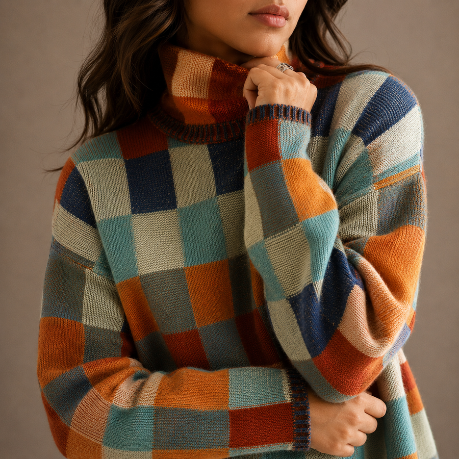 Women's Oversized Checkered Turtleneck Sweater with Long Sleeves
