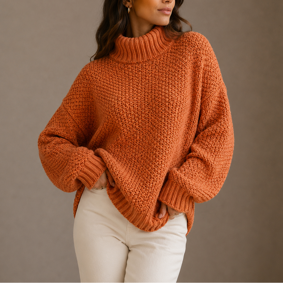 Women's Oversized Chunky Knit Turtleneck Sweater with Ribbed Cuffs