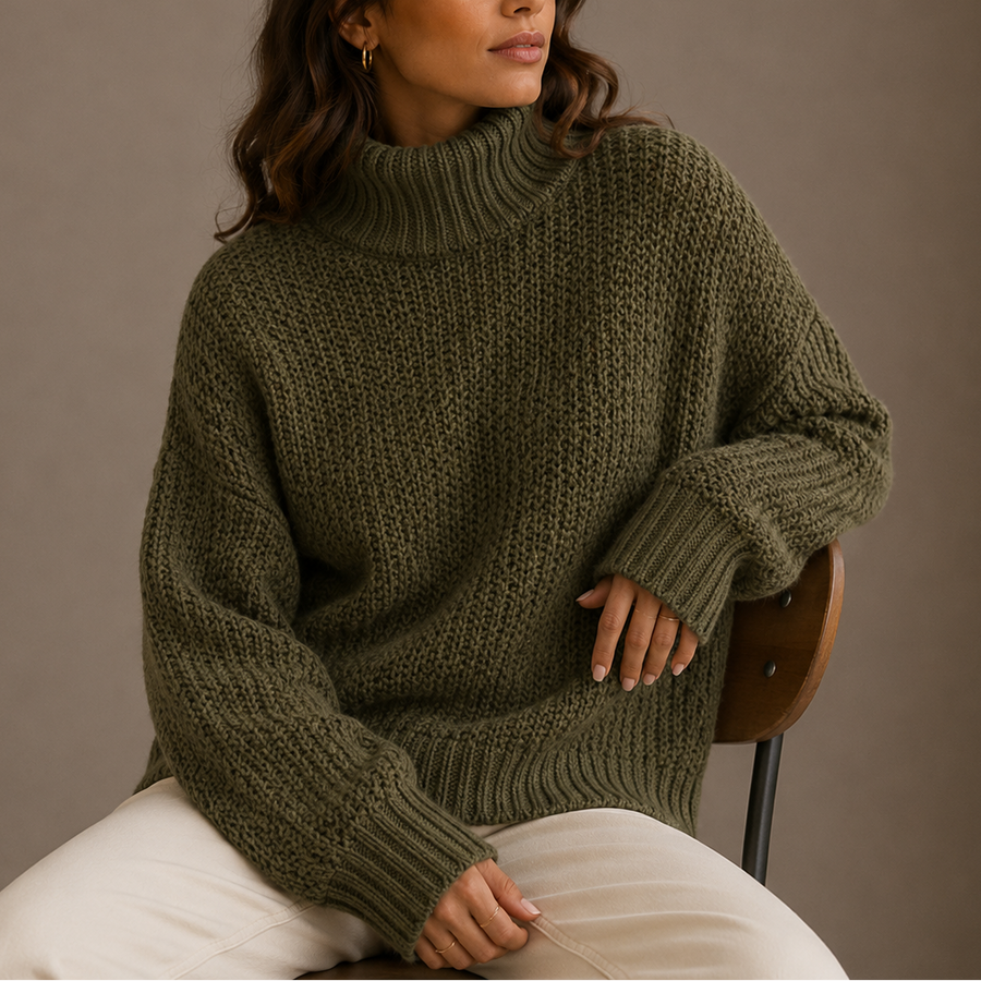 Women's Oversized Chunky Knit Turtleneck Sweater with Ribbed Cuffs