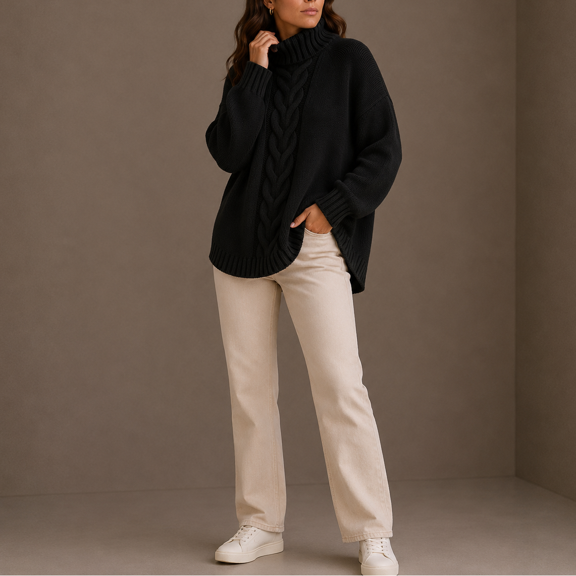 Women's Oversized Cable Knit Turtleneck Sweater with Dropped Shoulders