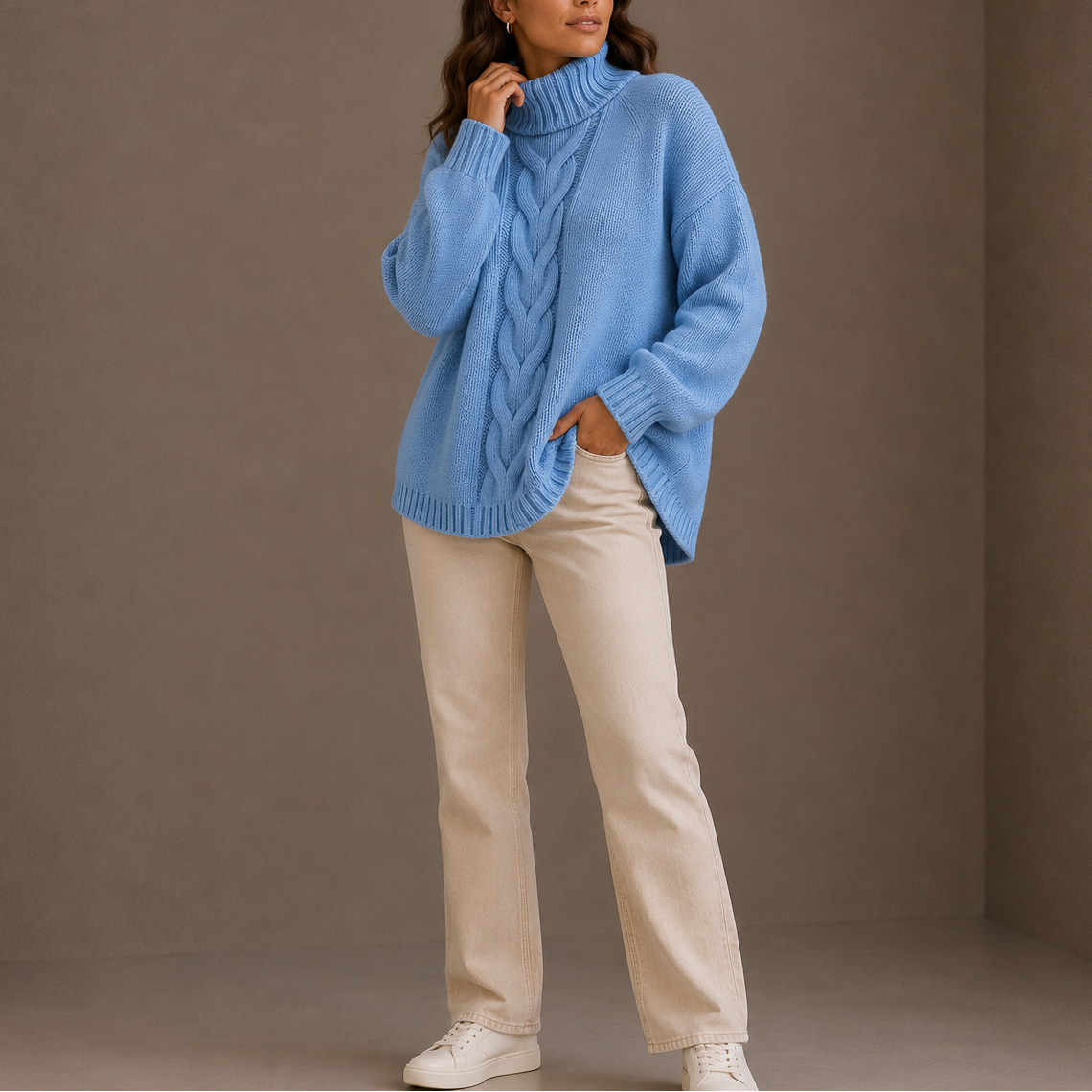 Women's Oversized Cable Knit Turtleneck Sweater with Dropped Shoulders