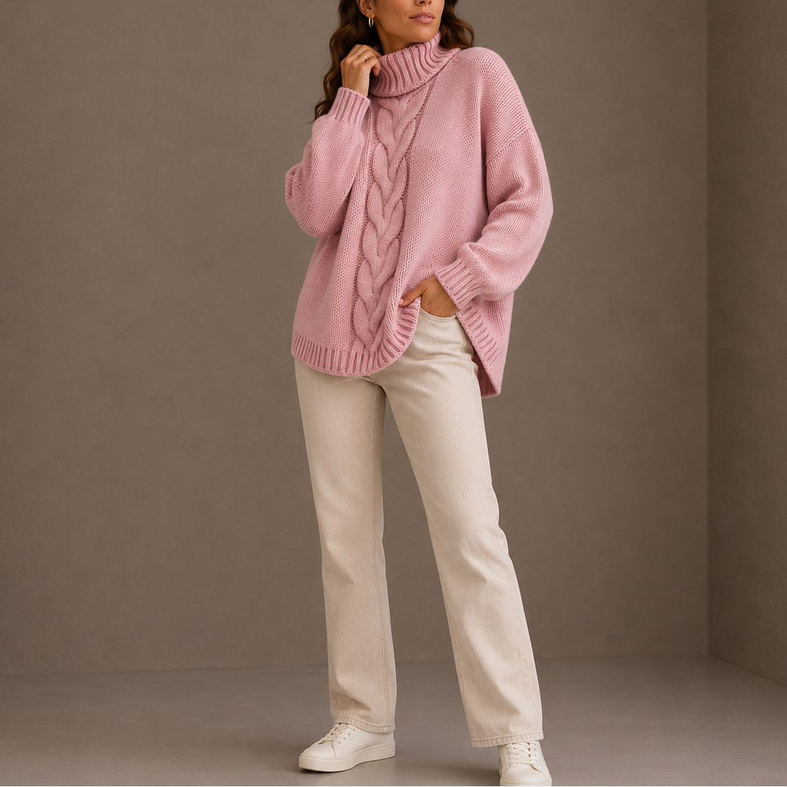 Women's Oversized Cable Knit Turtleneck Sweater with Dropped Shoulders