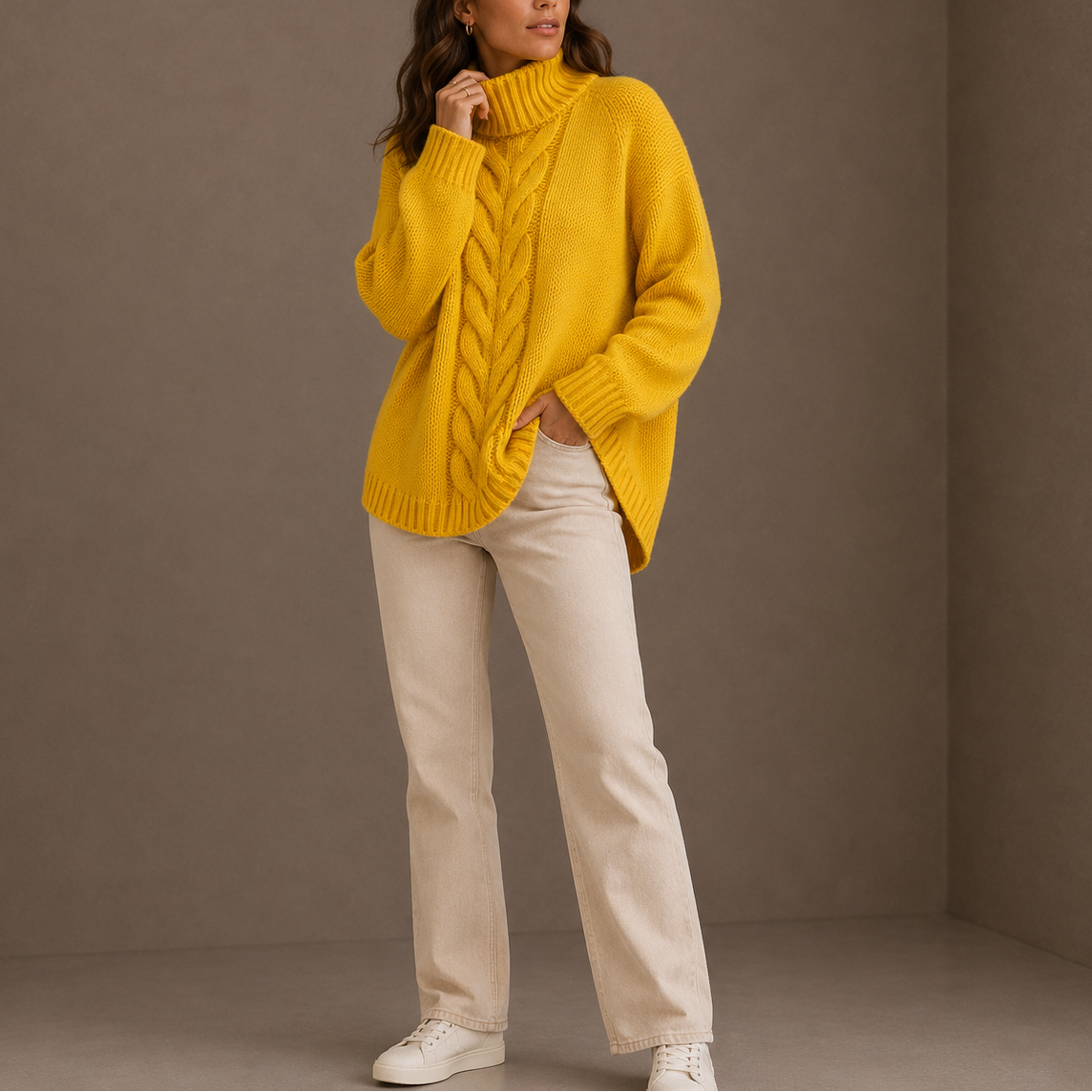 Women's Oversized Cable Knit Turtleneck Sweater with Dropped Shoulders