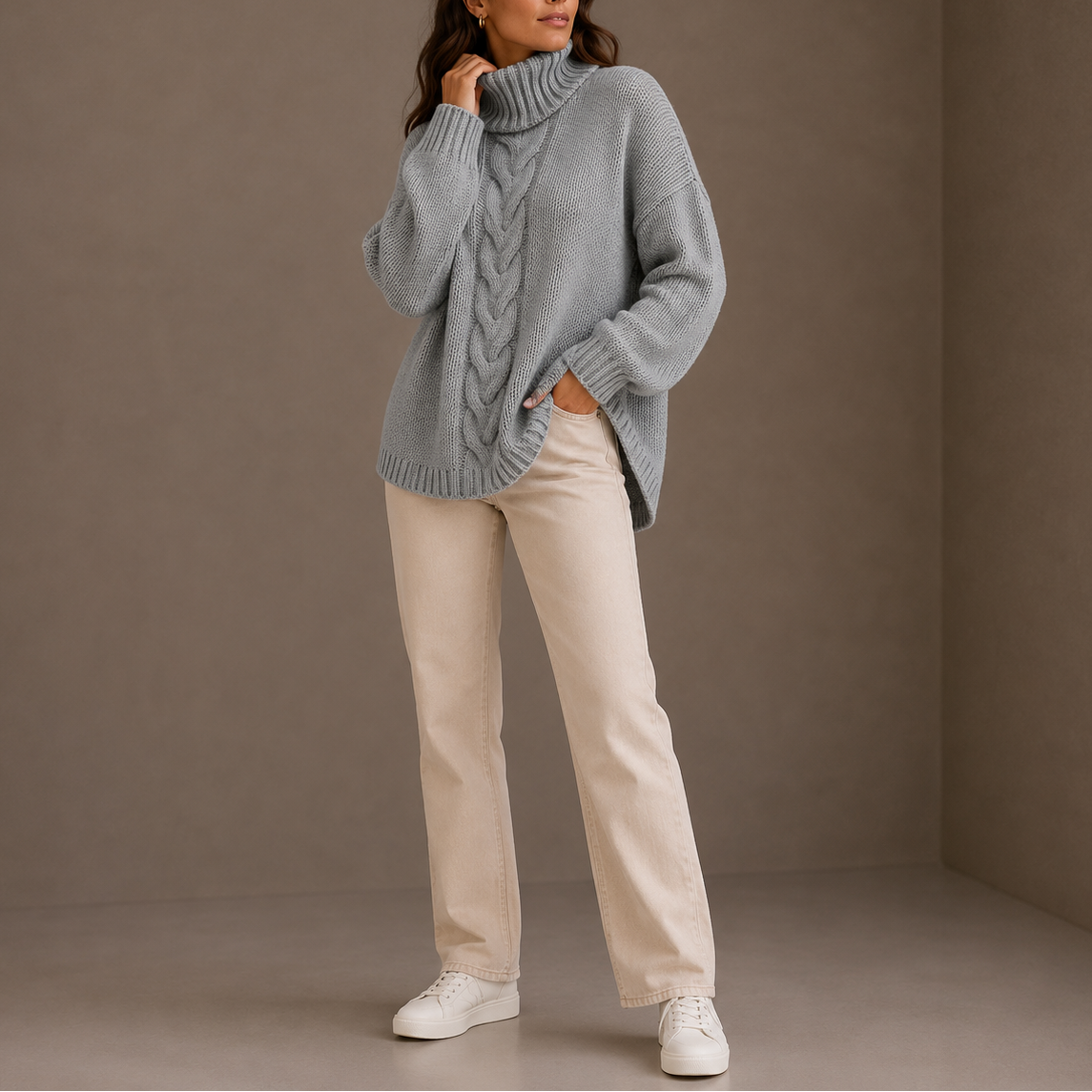 Women's Oversized Cable Knit Turtleneck Sweater with Dropped Shoulders