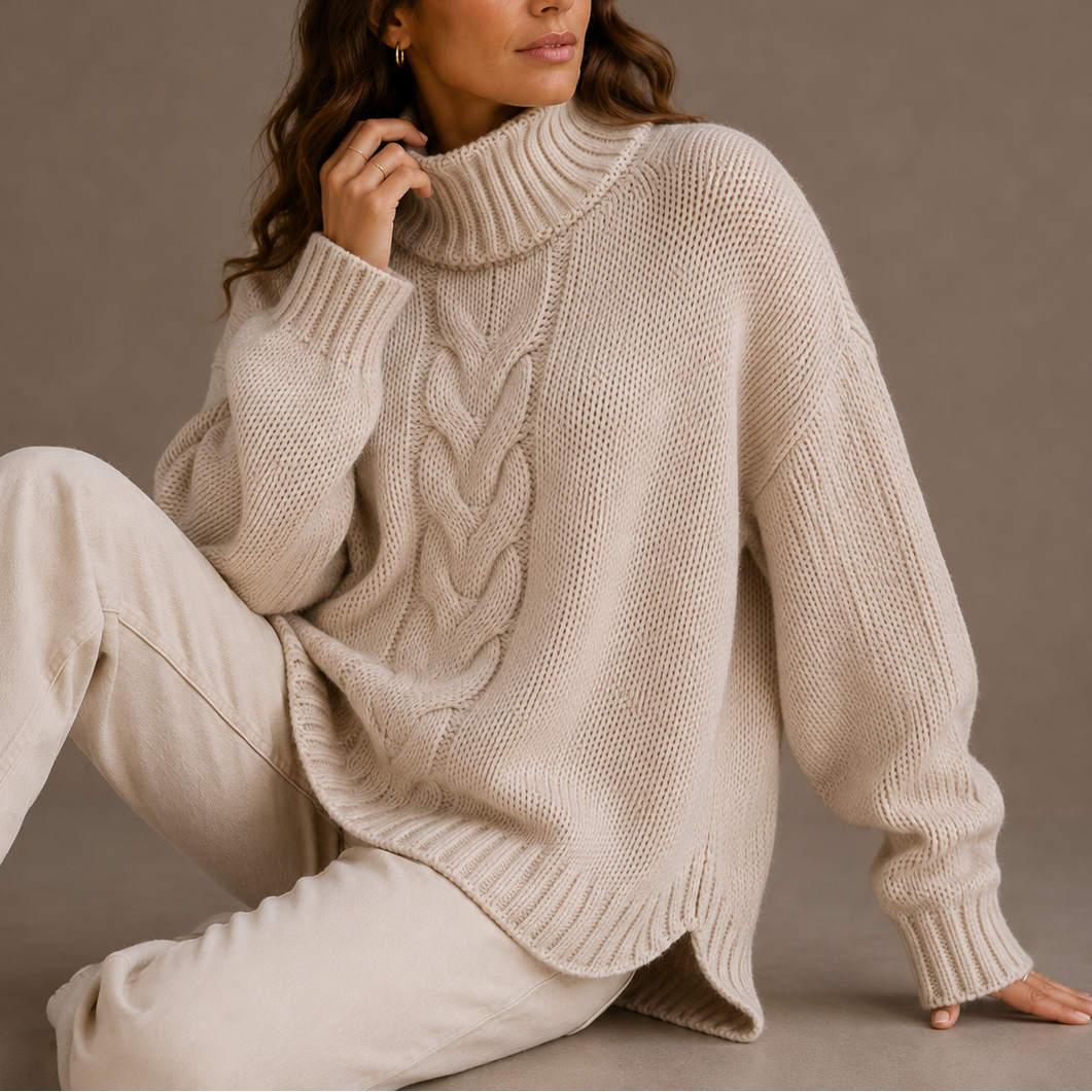 Women's Oversized Cable Knit Turtleneck Sweater with Dropped Shoulders