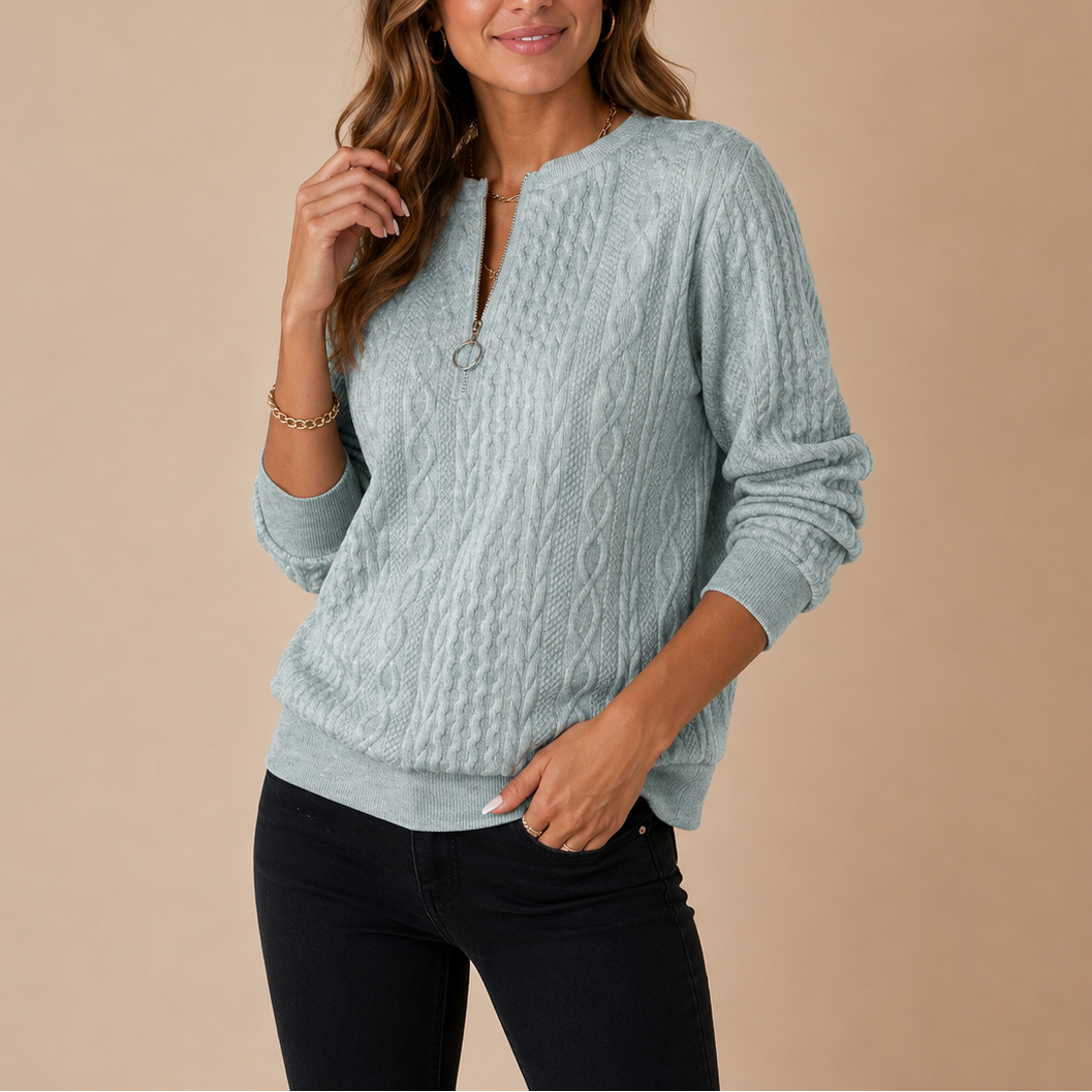 Women's Cable Knit Half Zip Sweater with Long Sleeves and Ribbed Hem