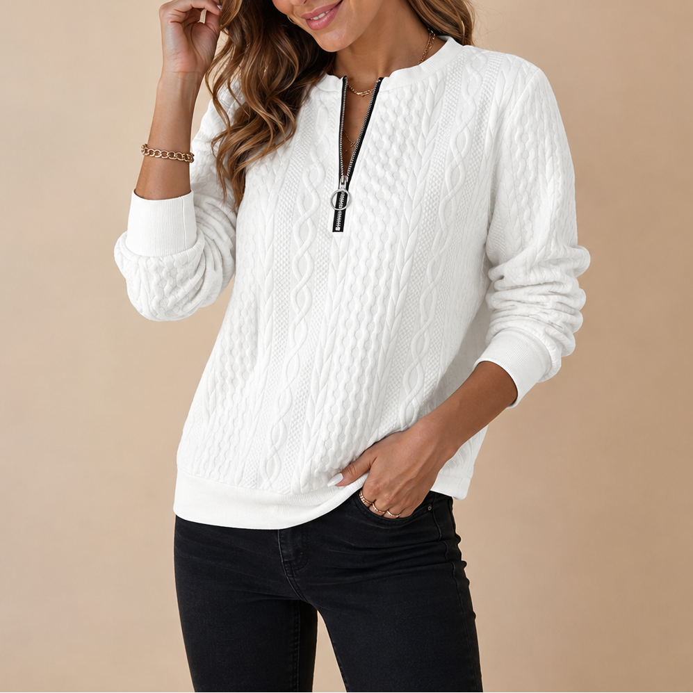 Women's Cable Knit Half Zip Sweater with Long Sleeves and Ribbed Hem