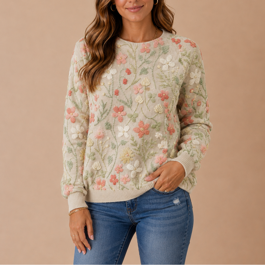 Women's Floral Embroidered Knit Sweater with Crew Neck and Long Sleeves