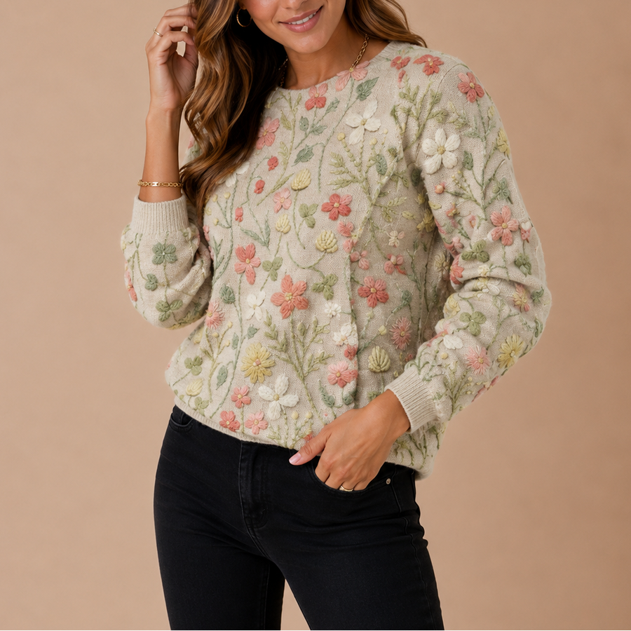 Women's Floral Embroidered Knit Sweater with Crew Neck and Long Sleeves