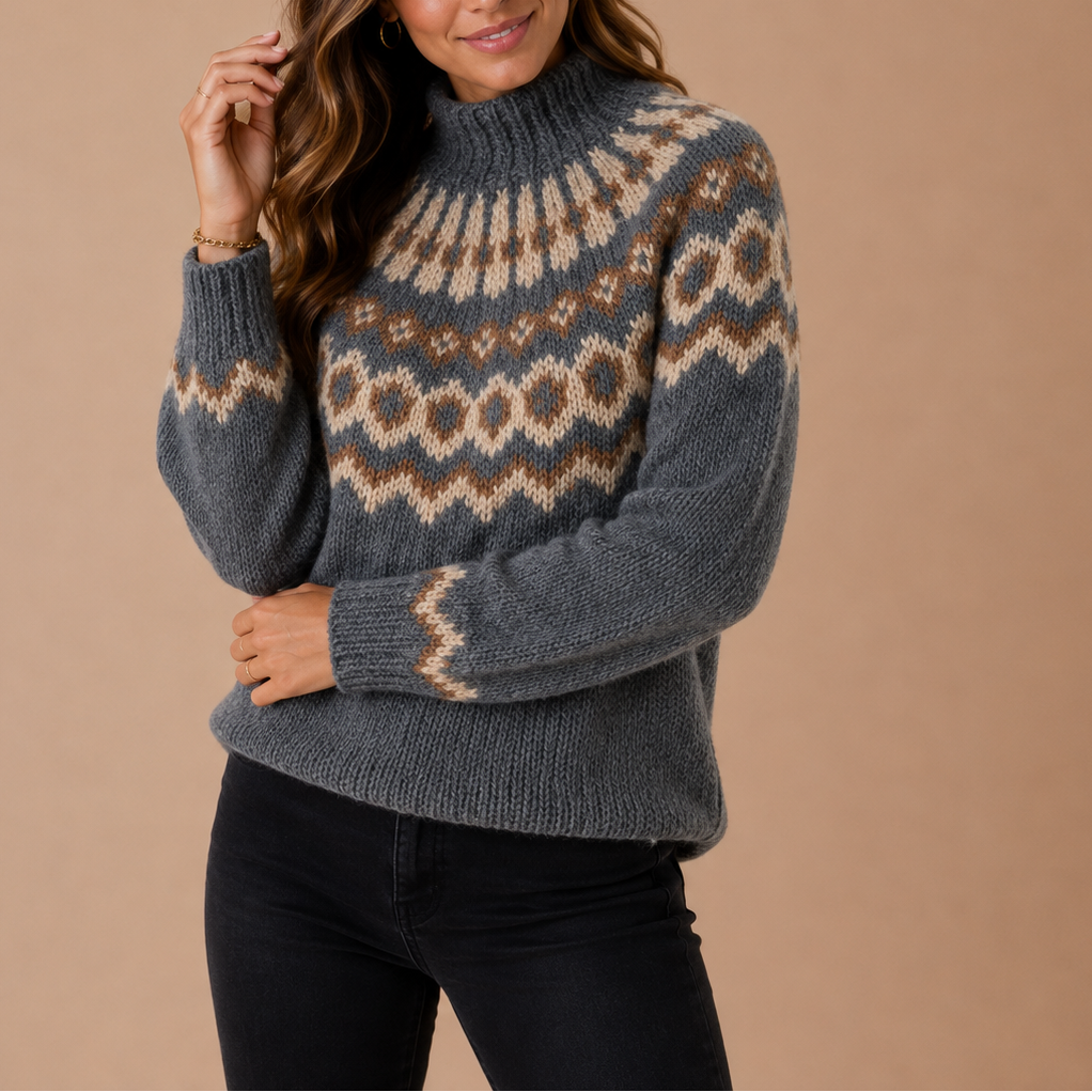 Women's Fair Isle Turtleneck Sweater with Nordic Pattern and Long Sleeves