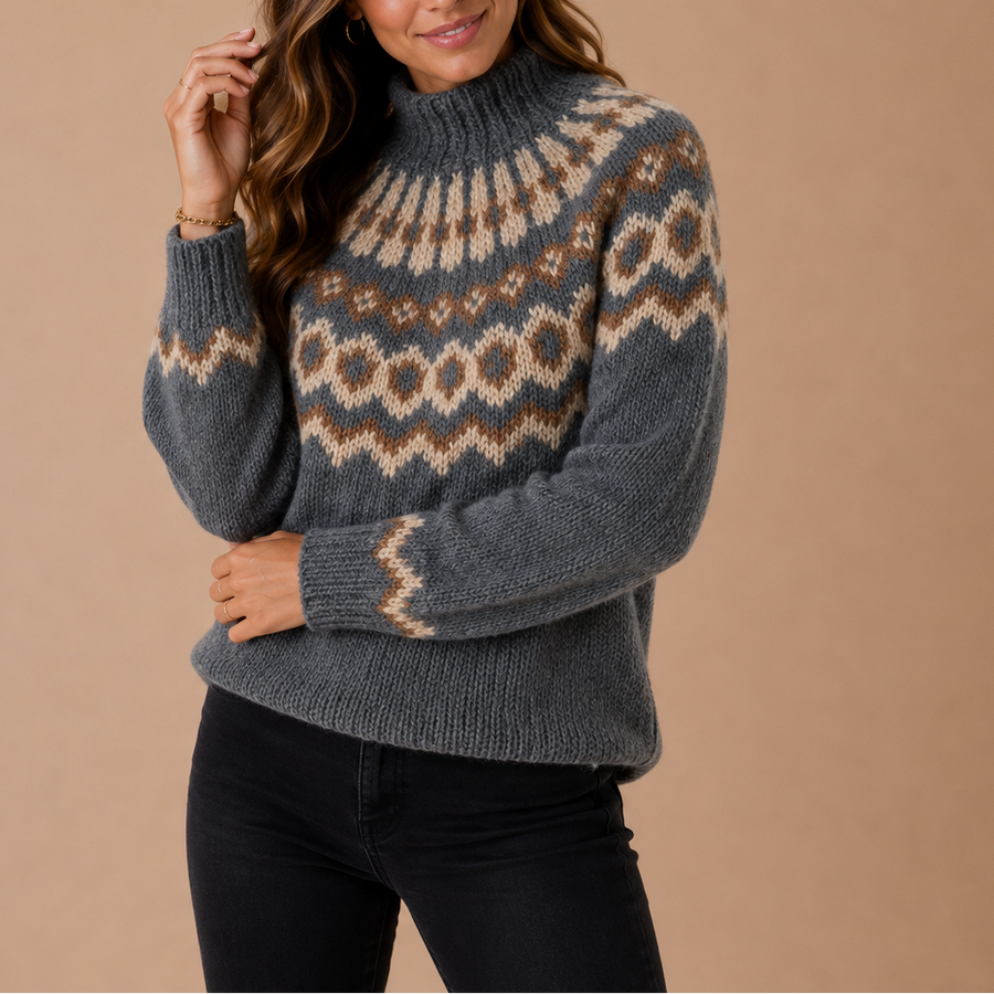 Women's Fair Isle Turtleneck Sweater with Nordic Pattern and Long Sleeves
