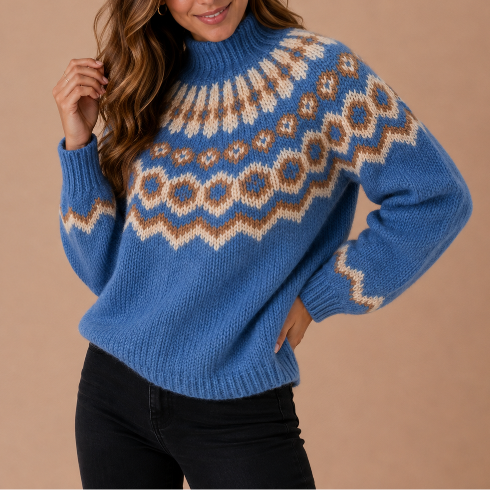 Women's Fair Isle Turtleneck Sweater with Nordic Pattern and Long Sleeves